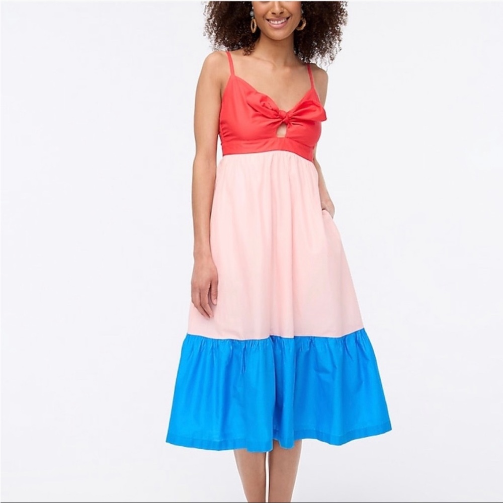 J Crew Colorblock Tie Front Cutout Midi Tiered Fit Flare Dress Size 10